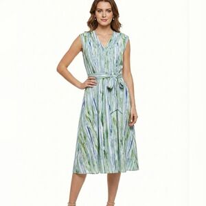 Banana Republic Midi V Neck Dress Green Blue Abstract Watercolor Tie Waist L